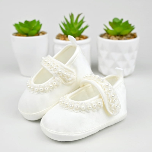 Ecru buciki do Chrztu z perełkami