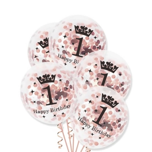 Zestaw  6  balonów: "1 Happy Birthday" konfetti gold rose