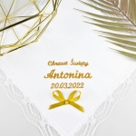 Szatka na chrzest - personalizacja haft w jednym kolorze z kokardką