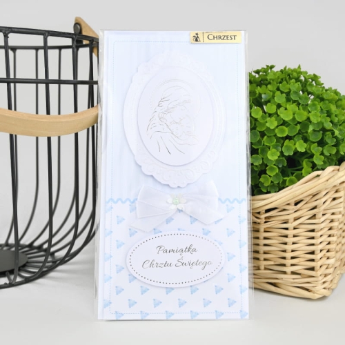 KARTKA + KOPERTA Z ŻYCZENIAMI - NIEBIESKIE ZDOBIENIA - PAMIĄTKA CHRZTU ŚWIĘTEGO