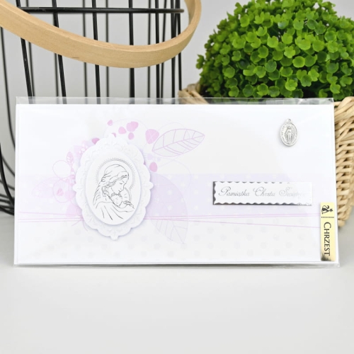 KARTKA + KOPERTA Z ŻYCZENIAMI - PAMIĄTKA CHRZTU ŚWIĘTEGO- RÓŻOWE ZDOBIENIA